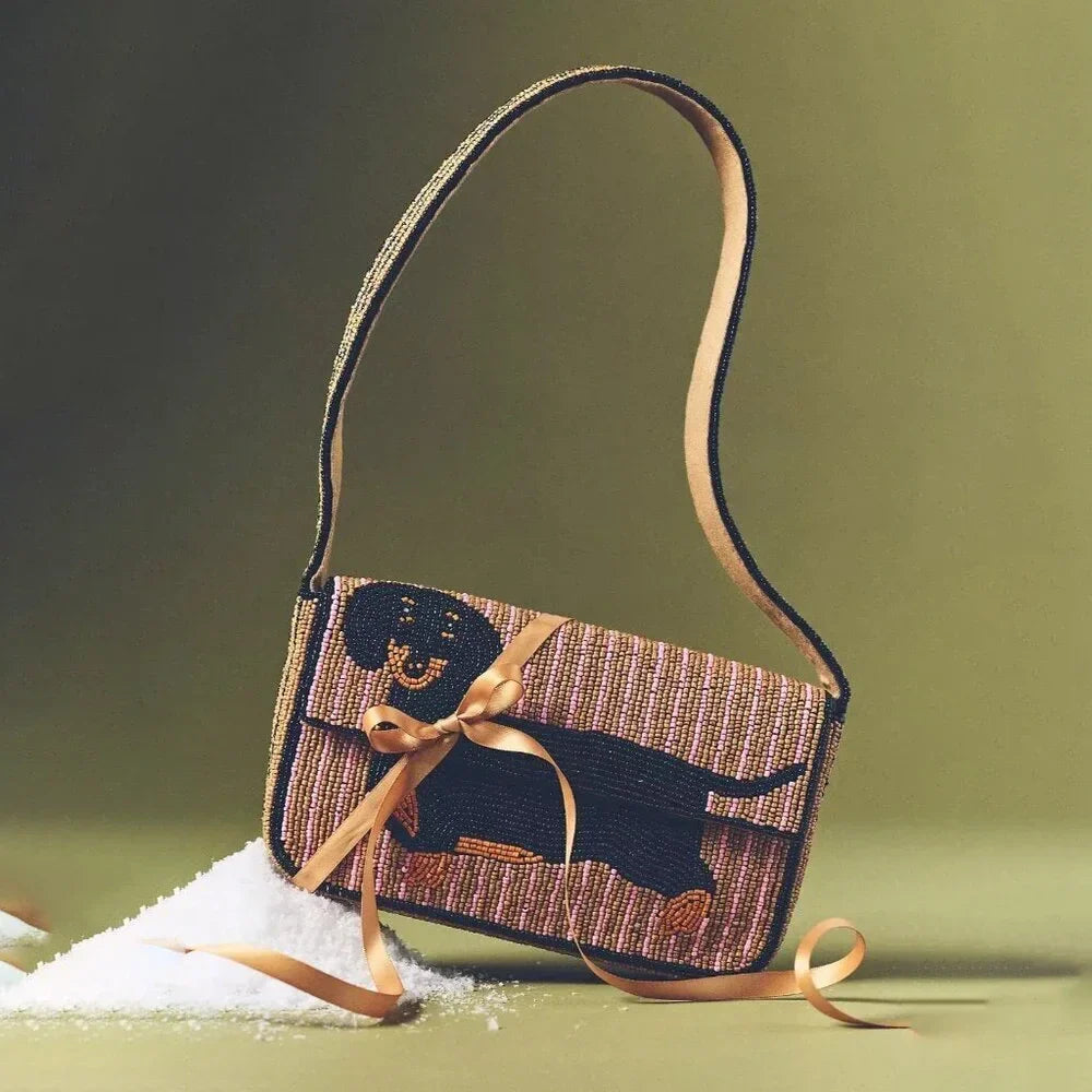 Beaded Bag Animal Edition Dachshund Embroidered Handbag Fashionable Beadwork Clutch Purse Mini Shoulder Bag for Women