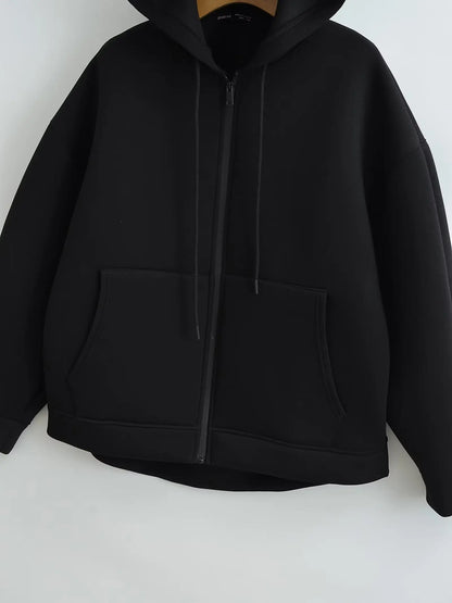 2026 Casual Women's Soild Zipper Hoodie Long Sleeve Big Pocket Zipper Jacket With Hood Female Loose Outerwear Coat Tops