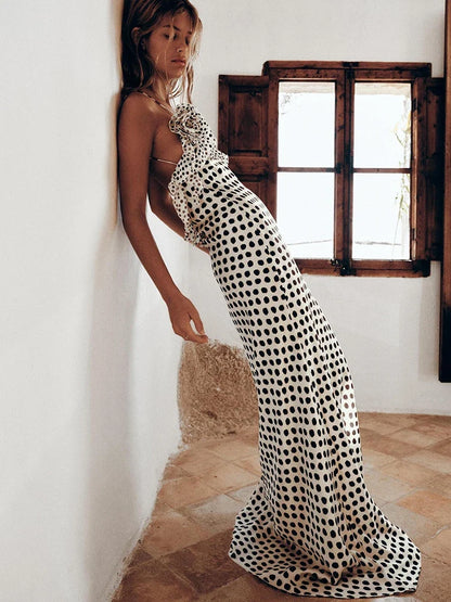 Sexy Backless  Print Dots Flower Women Maxi Dress Spaghetti Strap Evening Dress Autumn Skinny Elegant Party Clubwear