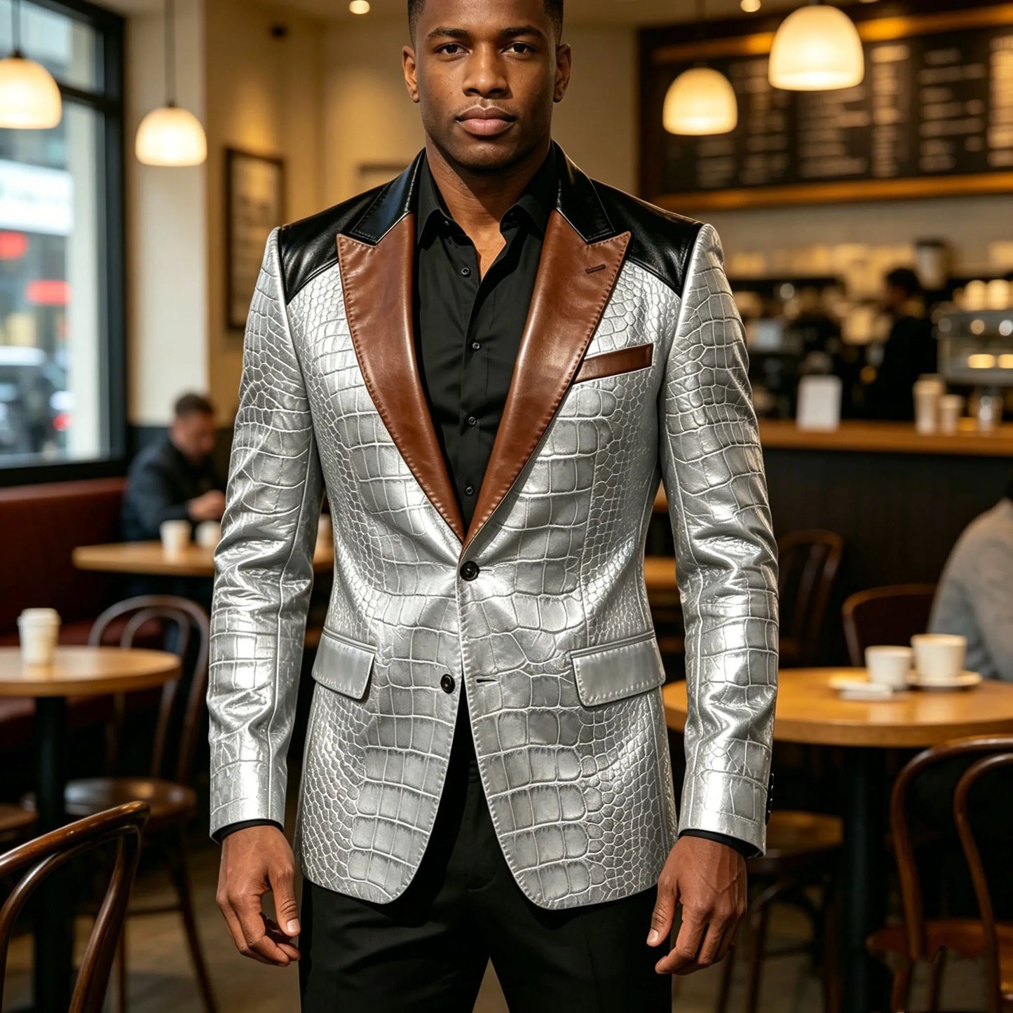 Men's Crocodile Embossed Leather Blazer Luxury Patchwork PU Leather Suit Jacket Slim Fit Peaked Lapel Casual Business Outerwear