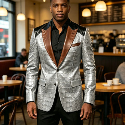 Men's Crocodile Embossed Leather Blazer Luxury Patchwork PU Leather Suit Jacket Slim Fit Peaked Lapel Casual Business Outerwear