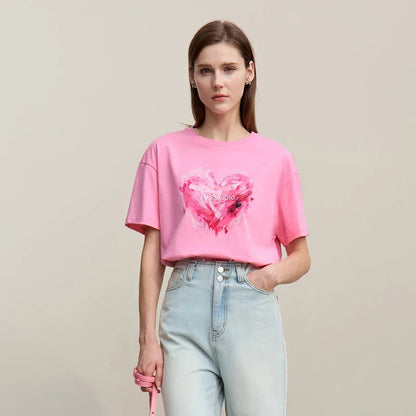 Woman T-shirts 2026 Summer Anti-Bacterial Loose Fit Round Neck Tee Heart Print Cotton Casual Knit Short Sleeve Top 12622026