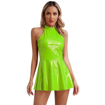 Womens Glossy Patent Leather Glossy Mini Skater Dress Halter Backless Bodycon Lingerie A-Line Dresses Rave Disco Party Clubwear