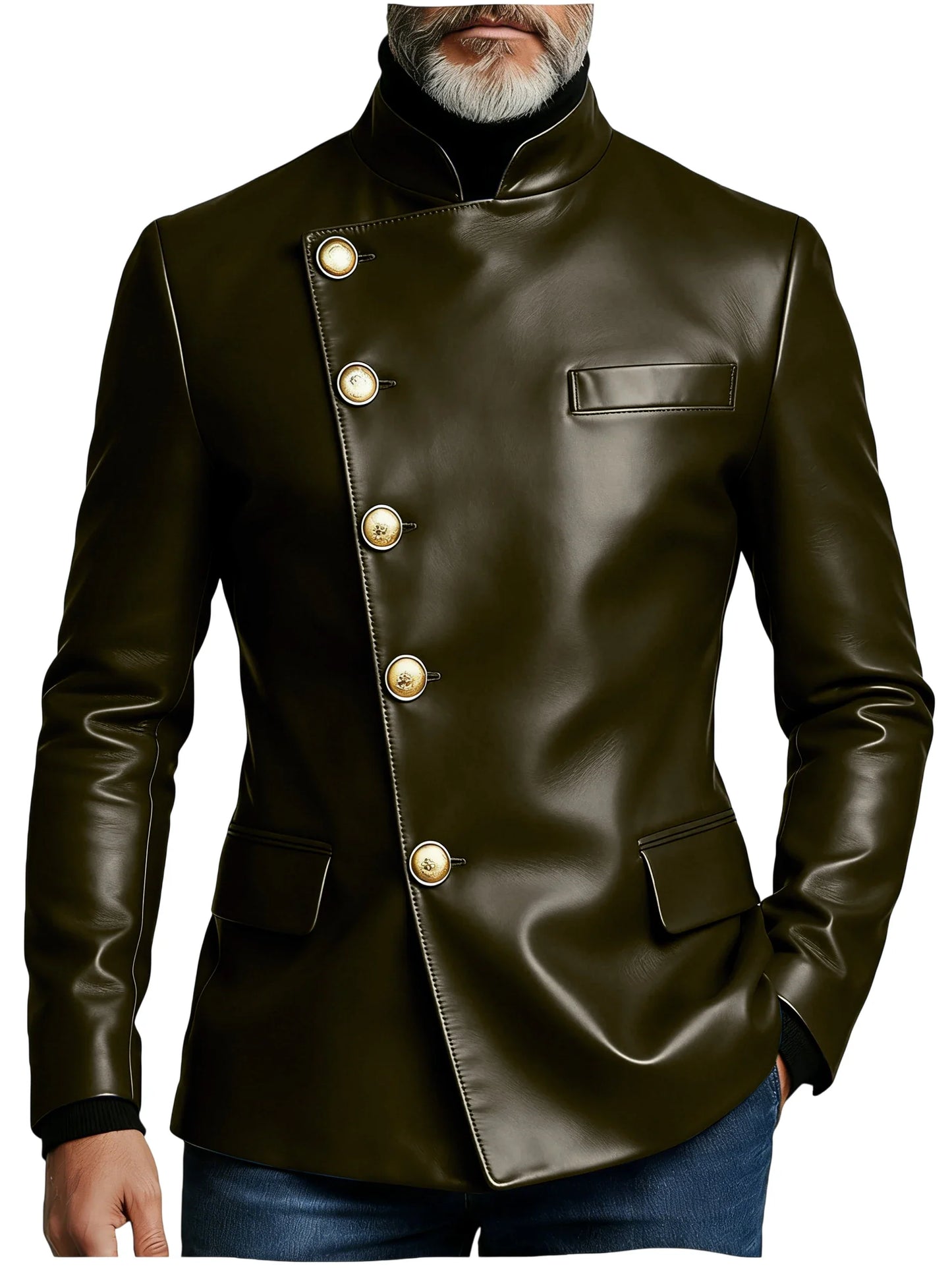 Vintage Men's PU Leather Blazer Slim Fit Double Breasted Stand Collar Jacket Gold Button Business Casual Wedding Prom Suit Coat