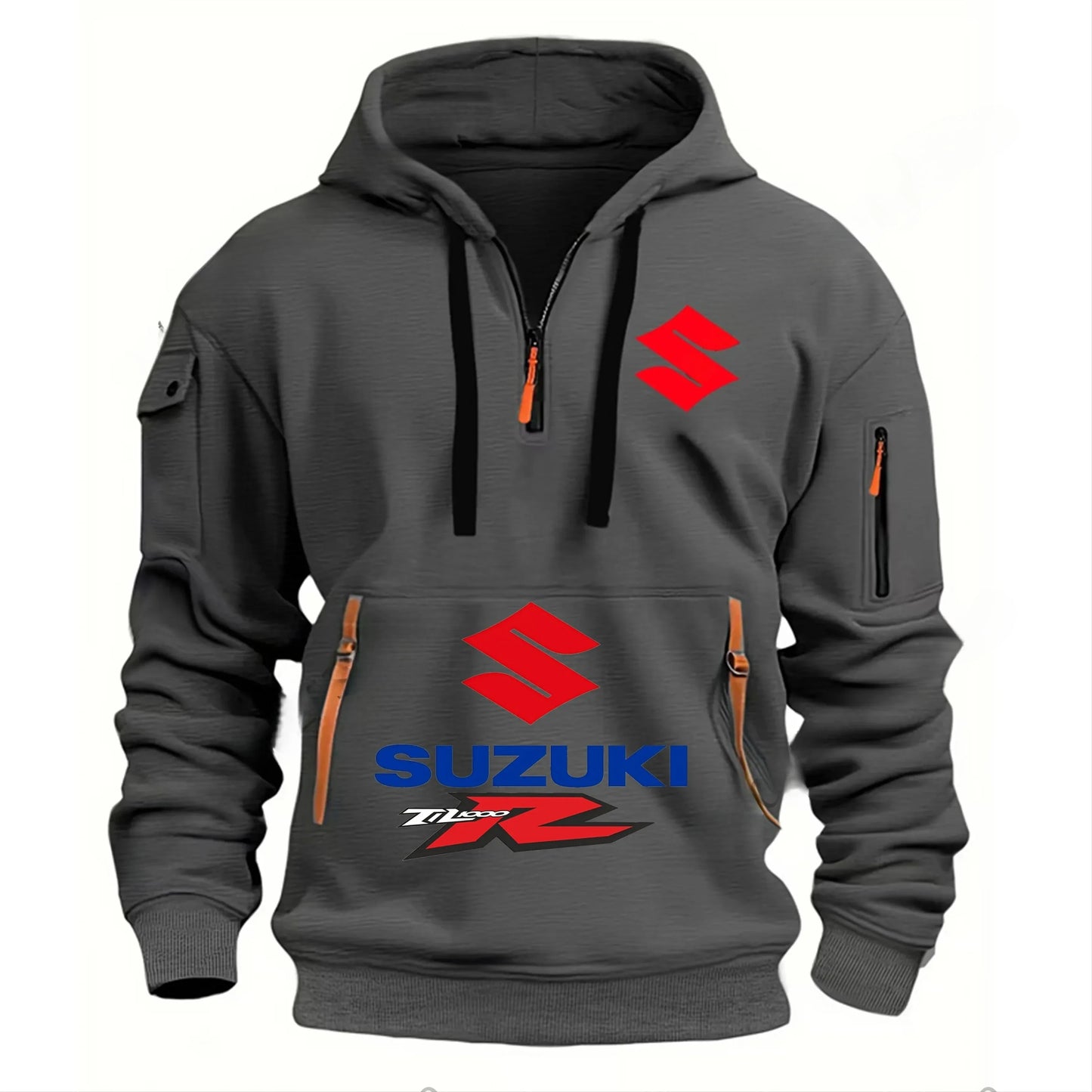 men's half-zipper long-sleeved hoodie, workwear, multi-pocket running, fitness and sports jacket for autumn and winter