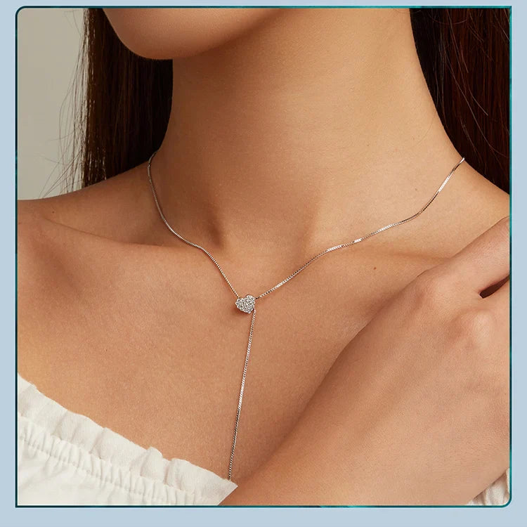925 Sterling Silver Brilliant Heart Necklace for Women Minimalist Long Box Chain Choker Fine Jewelry Party Gift BSN260
