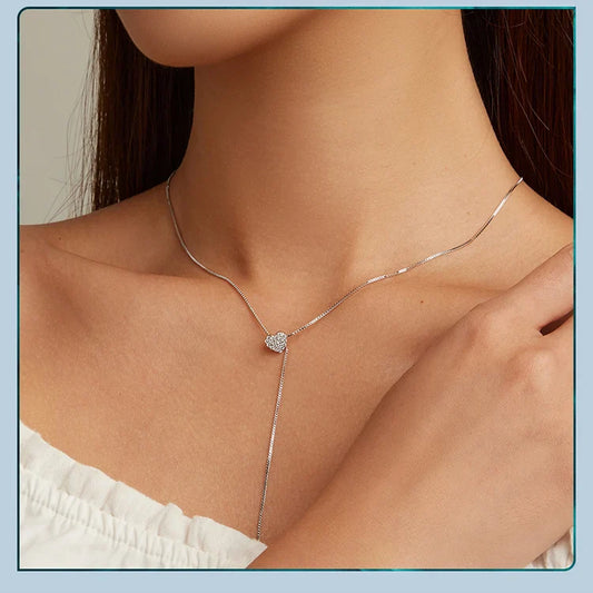 925 Sterling Silver Brilliant Heart Necklace for Women Minimalist Long Box Chain Choker Fine Jewelry Party Gift BSN260