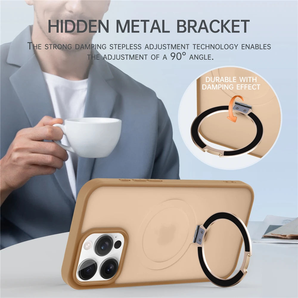 جراب هاتف مغناطيسي بحلقة معدنية غير لامعة متوافق مع Magsafe لهواتف آيفون 11 12 13 14 15 16 17 Air Pro Max Plus 17Pro مع مسند حامل