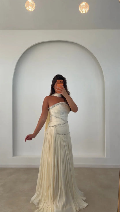 Custom Halter Neck A-Line Evening Dress Crystal Chiffon Prom Dresses Pleated Vestidos De Noche Elegant Formal Evening