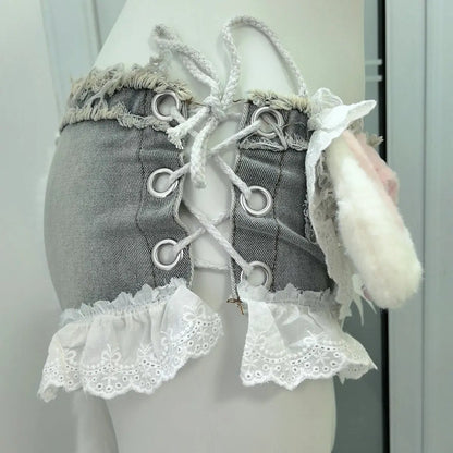 Niche Designer Handmade Cute Sexy Lace Hot Girl Sling Stitching Low Waist Super Short Shorts
