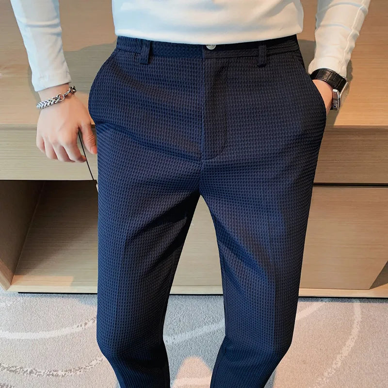 2024 Autumn New Waffle Stretch Waist Business Formal Pants Men Fashion Wedding Slim Trouser Mens Brand Social Party Suit Pants