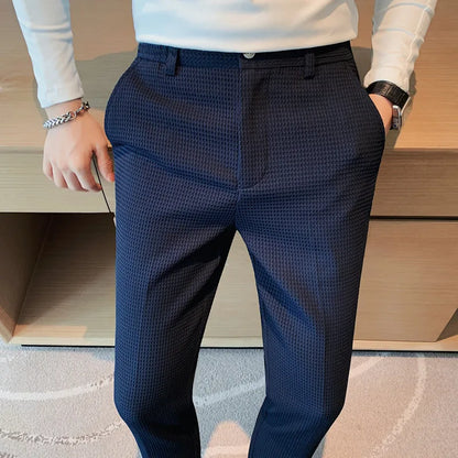 2024 Autumn New Waffle Stretch Waist Business Formal Pants Men Fashion Wedding Slim Trouser Mens Brand Social Party Suit Pants