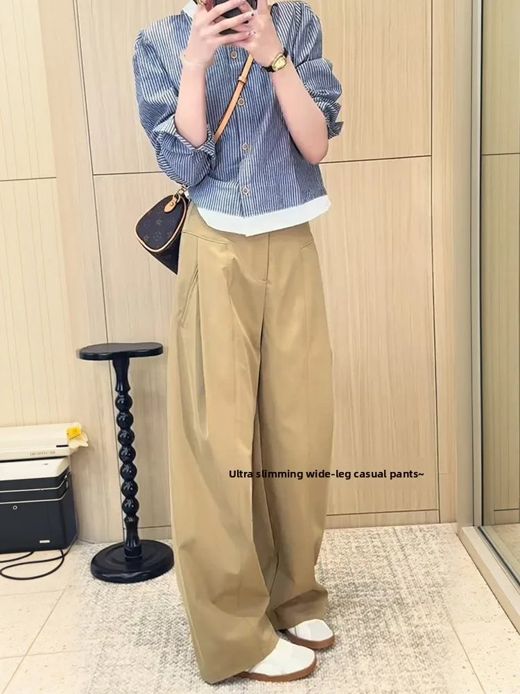 Khaki Casual Pants Women plus Size 200 Pou Loose Straight Leg High Waist Slimming Wide Leg Pants Commute Sle Korean Version