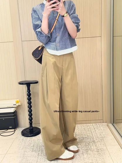 Khaki Casual Pants Women plus Size 200 Pou Loose Straight Leg High Waist Slimming Wide Leg Pants Commute Sle Korean Version