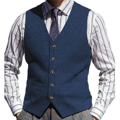Men Vest Brown Herringbone Solid Color V Neck Waistcoat For Wedding Business Banquet Work Formal Daily Casual Men Suit Vest