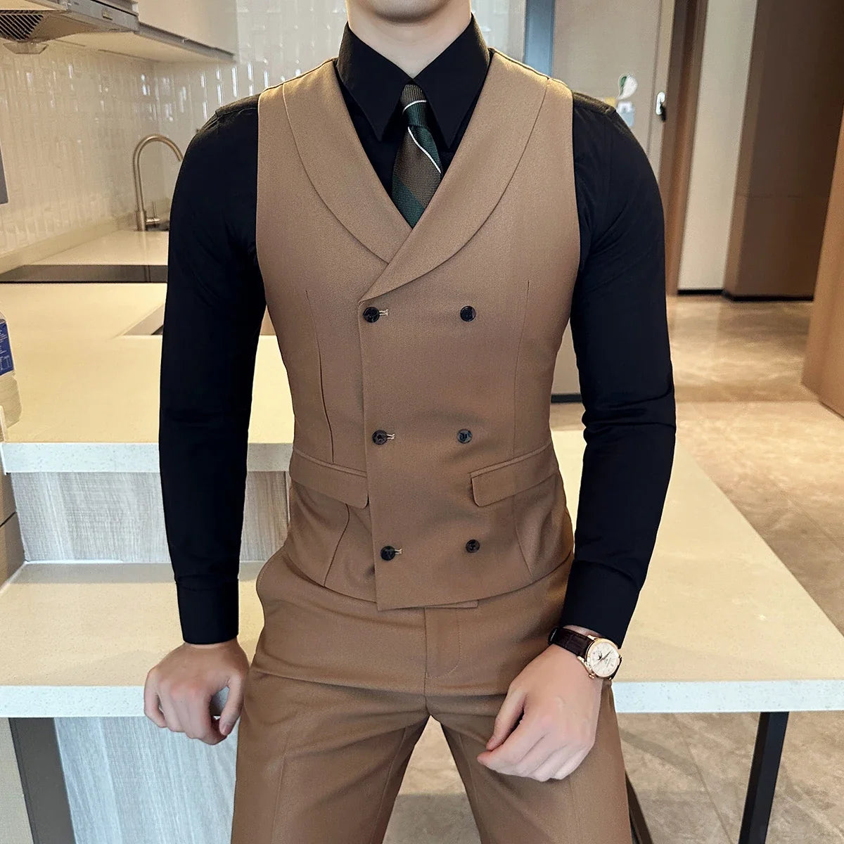 ( Vest + Pants) Men's Double-breasted Suit Vest 2 Pieces Set High Quality Business Casual Fashion Groom Wedding Dress Vest Sets