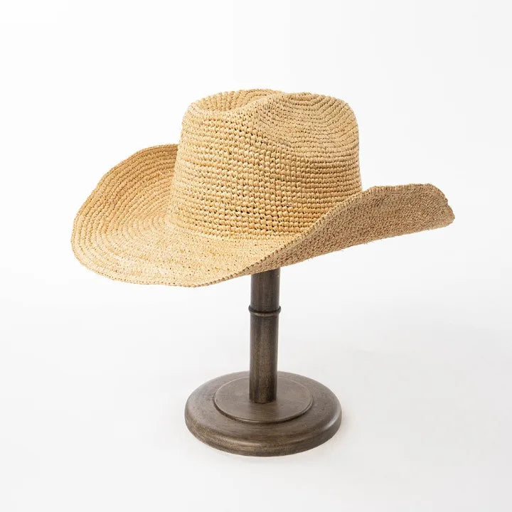 Hand-crocheted Natural Raffia Straw Cowboy Hat for Women Men Summer Wide Brim Sun Hat Outdoor Breathable Beach Caps
