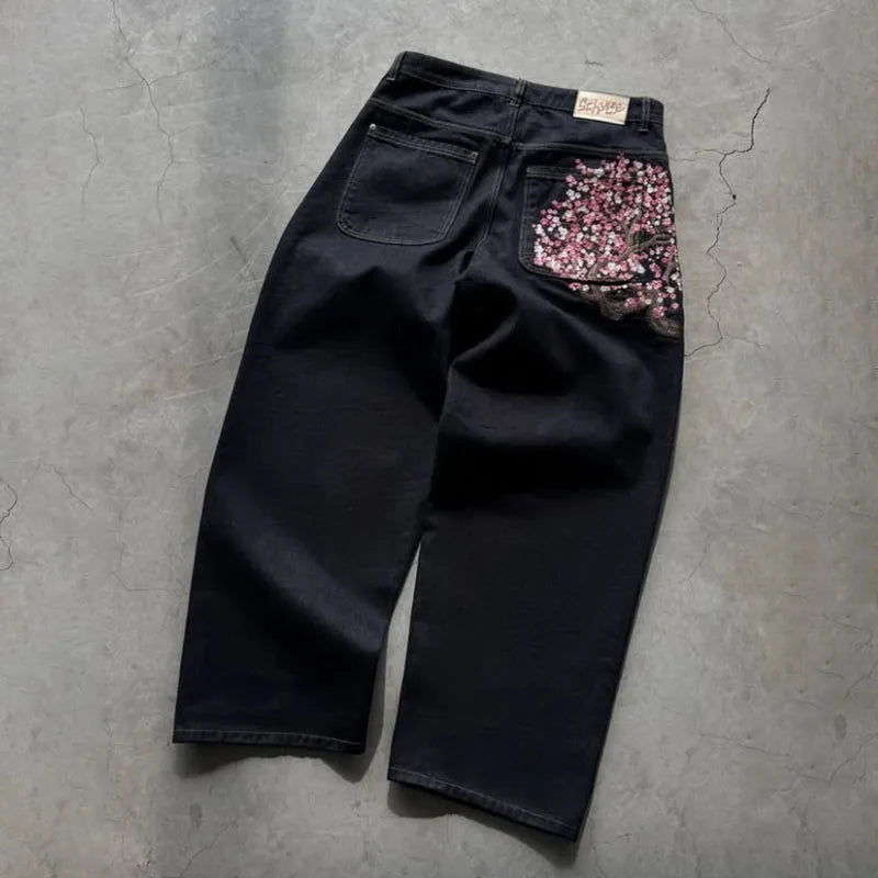 Autumn And Winter Men'S Jeans Japanese Korean Casual Straight Leg Pants Plum Blossom Embroidered Street Jeans Y2k Baggy Pants