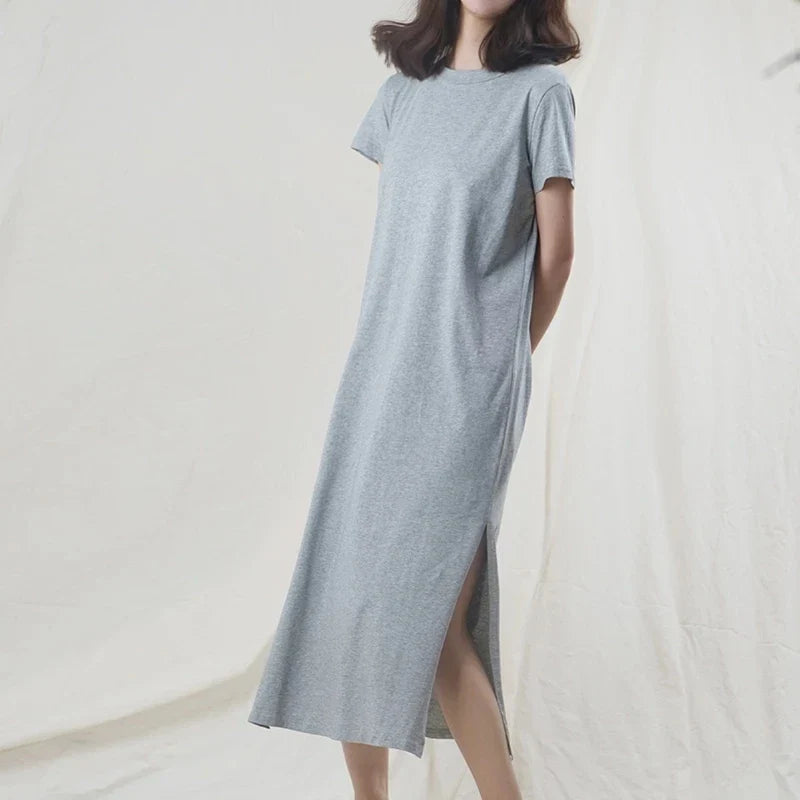 Original Casual 94% Cotton Summer Women's Dresses Solid Short Sleeve Spilt Long Midi Dress Fashion Sundress Female Clothing