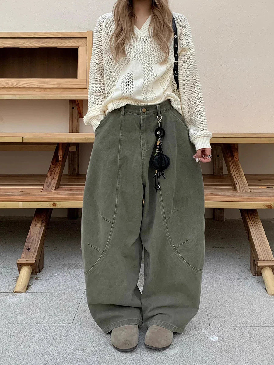 Y2k Trendy Barrel Baggy Jeans Boyfriend Retro Low Rise Wide Leg Stitch Decor Denim Pants Women Men Trousers Streetwear