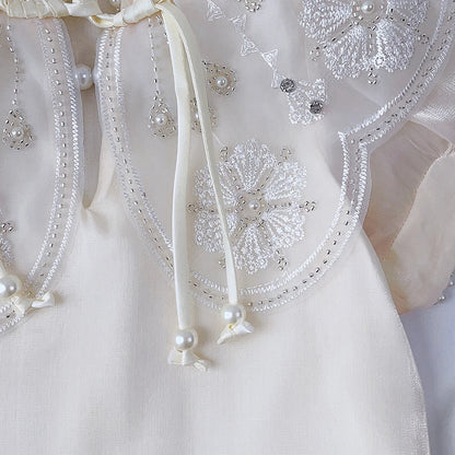 Summer Dress New Girls' Chinese Qipao Mesh Pearl Applique Dress Children's Kids Sweet Fashion Short Sleeve Dress