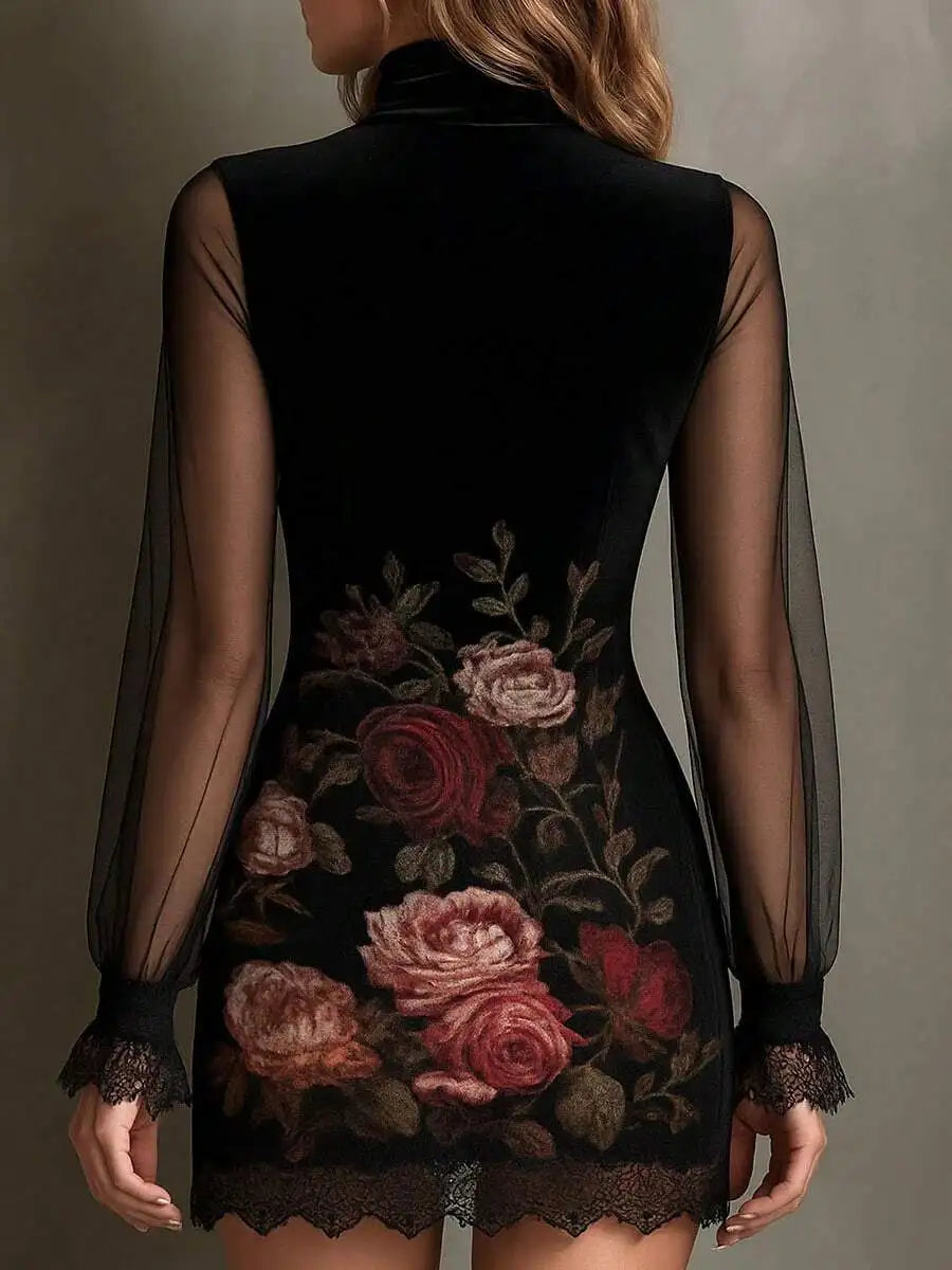 Sexy Lace And Sheer Fabric Spliced Halter-Neck Short Dress