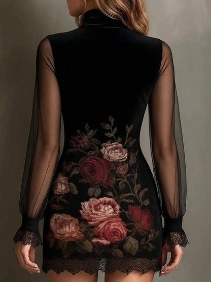 Sexy Lace And Sheer Fabric Spliced Halter-Neck Short Dress