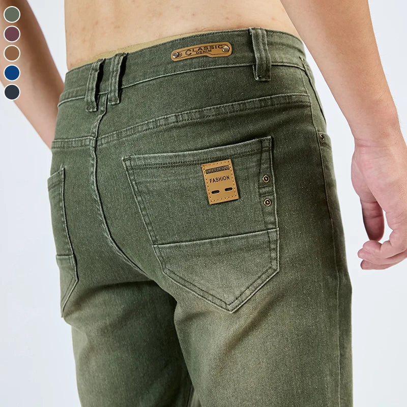 2025 Autumn New Men's Slim Elastic Jeans Fashion Korean Small Straight Pencil Pants Soft Comfortable Casual Green Denim Pants