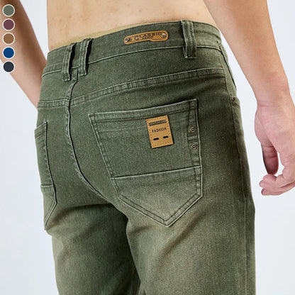 2025 Autumn New Men's Slim Elastic Jeans Fashion Korean Small Straight Pencil Pants Soft Comfortable Casual Green Denim Pants