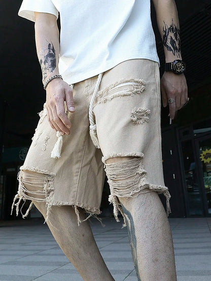 Men Summer Stretchy Denim Shorts Jeans for Men Streetwear Style Ripped Denim Shorts with High Stretch Knee Baggy Comfort Pants