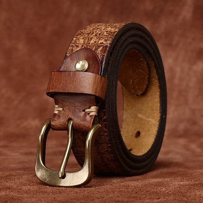 3.8CM High Quality Pure Cowhide Genuine Leather Men's Brass Buckle 5.5mm Thick Belts Retro Jeans Waistband Male Belts for Men