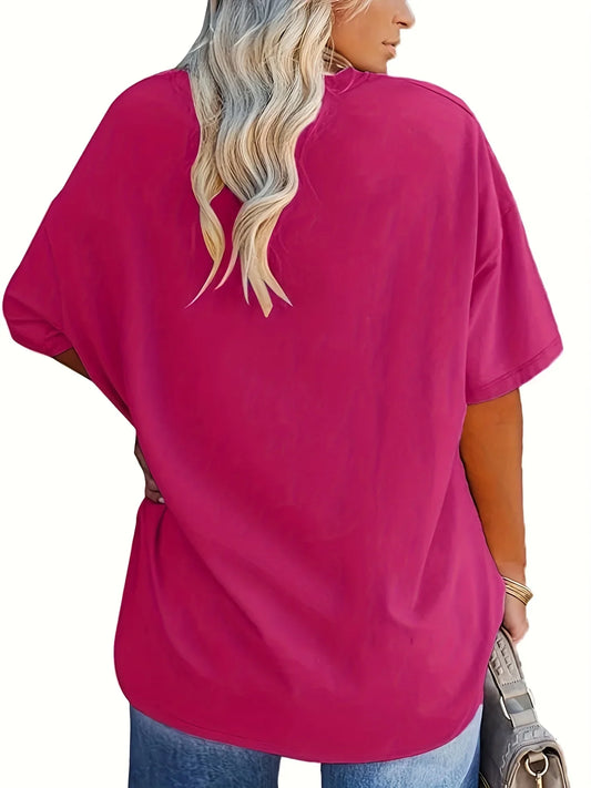 Plus size women's spring & summer simple fashion basic versatile polyester fiber with elastic solid color short-sleeved T-shirt。