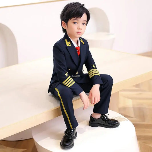 Flower Boys Pilot 3Pieces/Set Jacket Pants Tie Uniform Suit Kids Tuxedo Wedding Dress Children Birhtday Photograph Stage Costume