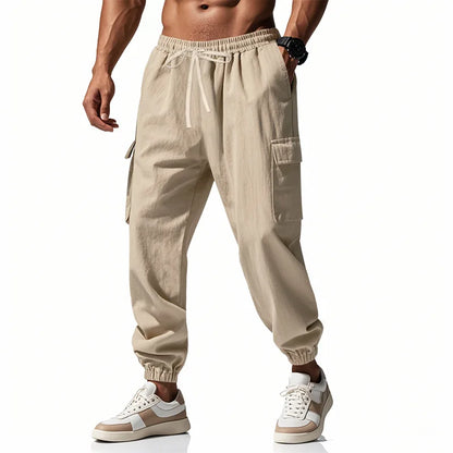 2026 New men's casual multi-pocket trousers male closed-placket tethered cotton and linen straight-leg leggings Men Mens