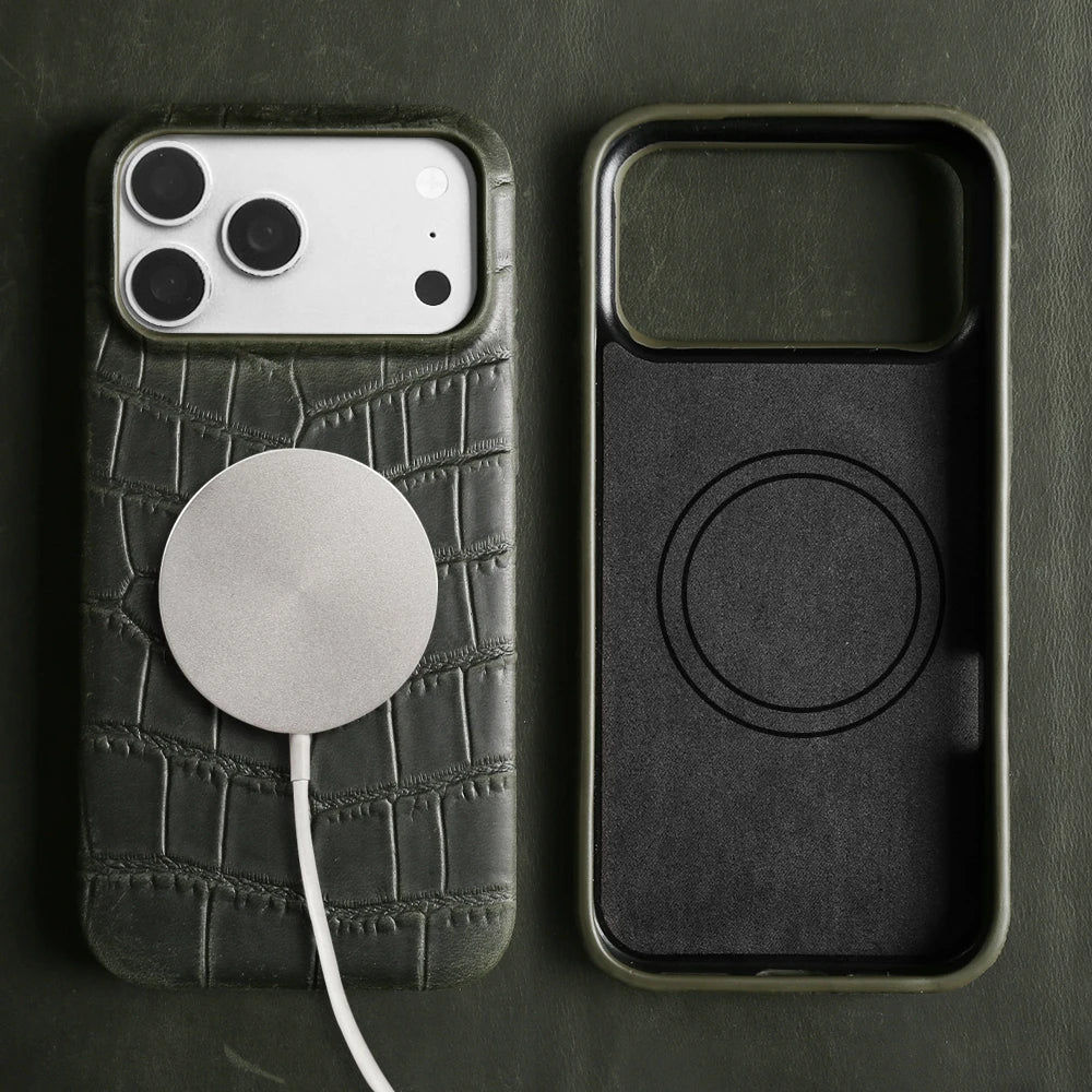 Magsafe Case For iphone 16 15 17 Pro Max Air 17e 16e 14 Plus 13 12 Mini 11 Crazy Horse Crocodile Genuine Leather Back Cover