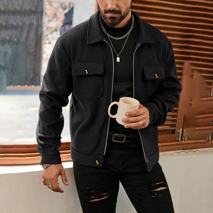 Men's Polyester Brushed Jacket, Lapel Button/Zipper Coat with Pocket, Comfortable Casual Autumn Winter Office Business Wear