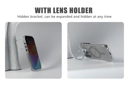 Luxury Magnetic Shockproof Clear Bumper Case for iPhone 17 Pro Max Air 16 15 14 13 12 Plus For Magsafe Lens Protect Stand Cover