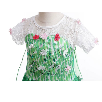 Elsa Green Dress for Kids Girl Princess  Costume Dresses  Children Long Cloak Floral Lace Ball Gown Summer