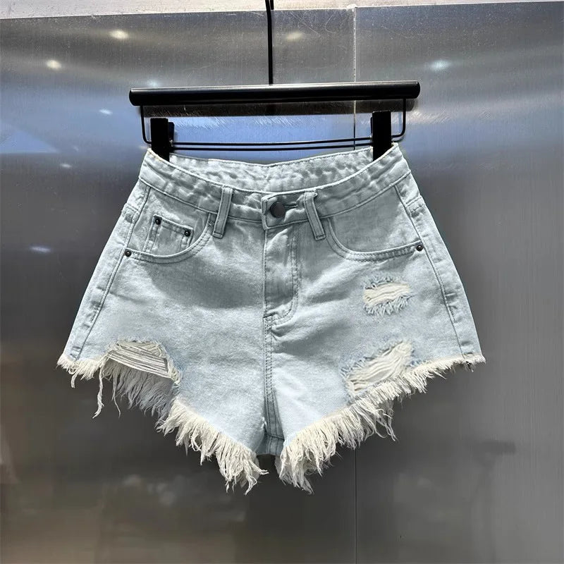 New Hot Girl Retro Irregular Distressed Ripped Denim Shorts 2026 Summer Women's Low-waist Causal Shorts