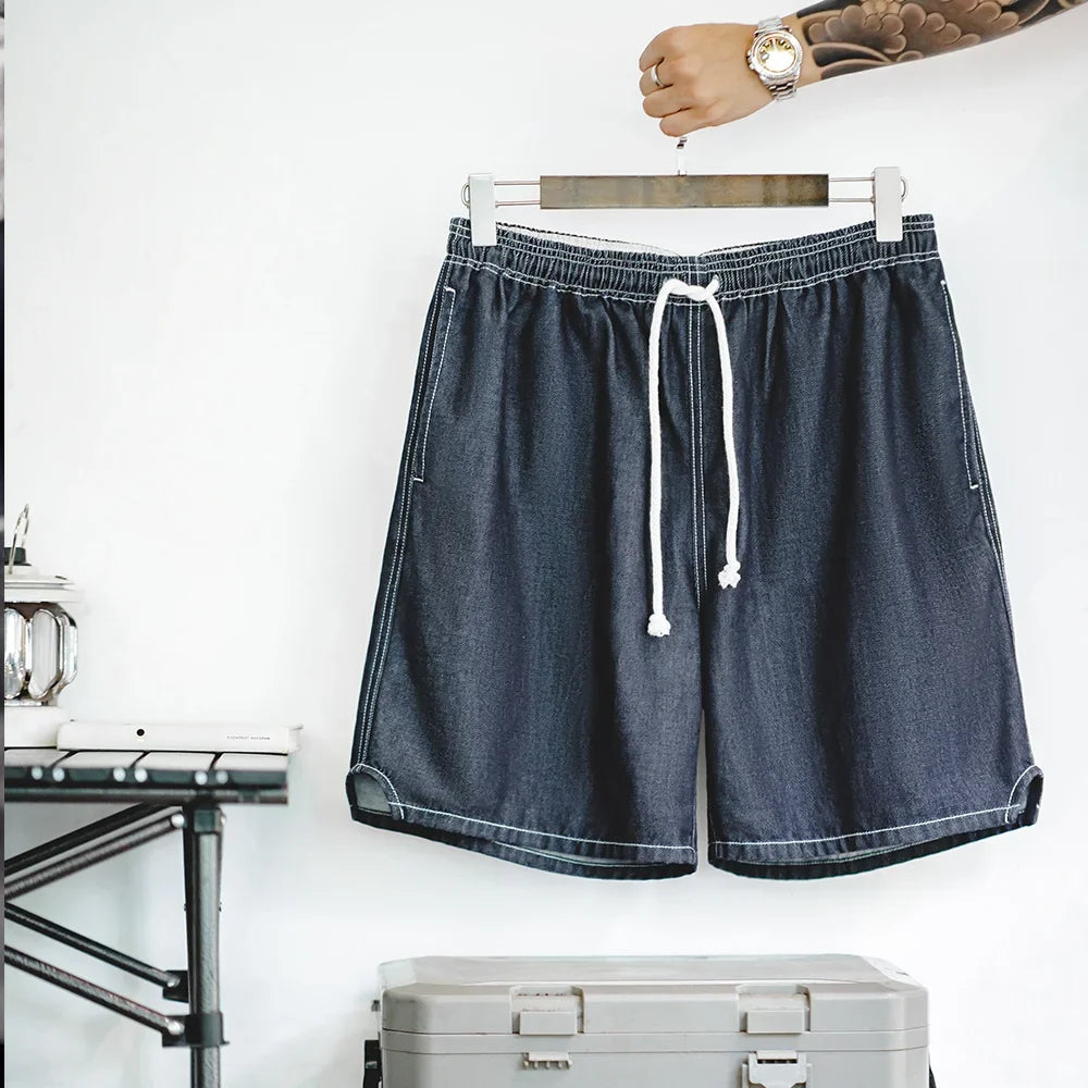 Vintage Cool-Touch Denim Shorts Men's Summer Lightweight Straight Leg Elastic Waist Jeans Shorts Breathable Casual Bottom