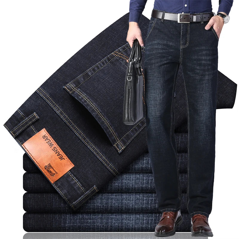 New Men's Fashion  Business Casual Stretch Slim Jeans Classic Trousers Denim Pants Male Black Blue