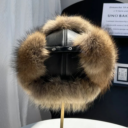 100% genuine fox fur ear-protecting hat Men real raccoon fur bomber hat Women winter warm fur real sheep leather snow hat