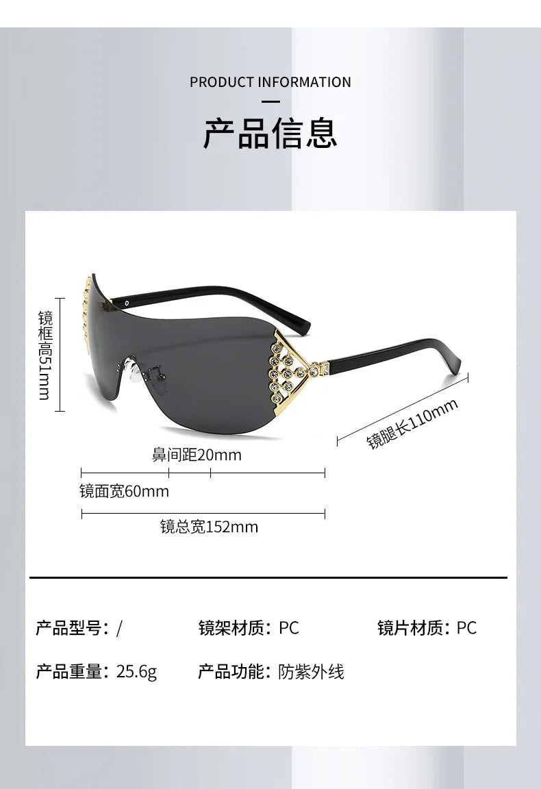 2025 New Ins Diamond Sunglasses Women One-piece Lenses Fan-shaped Sun Glasses Ladies Y2K Trendy Rimless Alloy Legs Punk UV400