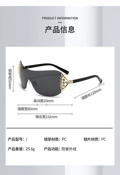 2025 New Ins Diamond Sunglasses Women One-piece Lenses Fan-shaped Sun Glasses Ladies Y2K Trendy Rimless Alloy Legs Punk UV400