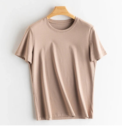 6% Real Silk Cotton Modal Women's T-shirt 2026 Summer Tees Short Sleeve Solid Tee Shirts V-neck Casual Woman Basic T shirt Tops