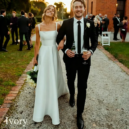 Classic Long White Wedding Dress A-Line Square Collar Spaghetti Straps Formal Pleat  Vintage Backless High Silt Grown Customized