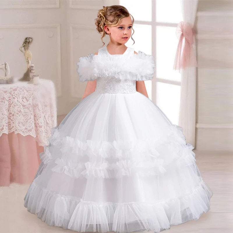 New Elegant Dress for Girls Flower Wedding Long Embroidered Panto Skirt 4-12 Years Old Piano Performance Girl Dress