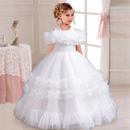 New Elegant Dress for Girls Flower Wedding Long Embroidered Panto Skirt 4-12 Years Old Piano Performance Girl Dress