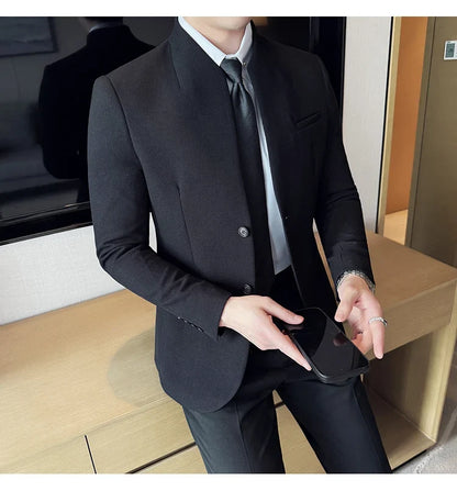 New Waffle Chinese Stand-Up Collar Blazers Men Slim Fit Business Casual Fashion Suits Jacket Formal Social Prom Party Tuxedos