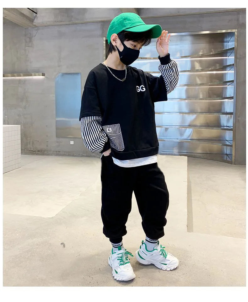 Spring Autumn Girls Boys Striped Patchwork Workout Sweatshirt+Sweatpant Set School Kid 2PCS Tracksuit Child Jogger Outfit 3-14Yr